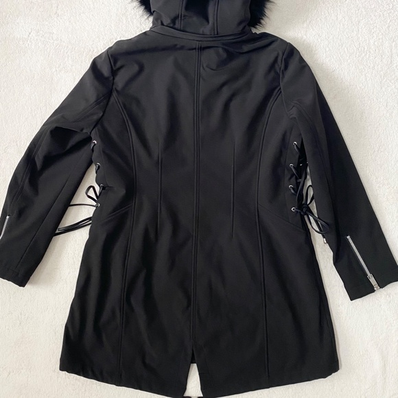 GUESS Faux-Fur Trim Lace Up Coat Women's Size XL Black - Picture 3 of 9